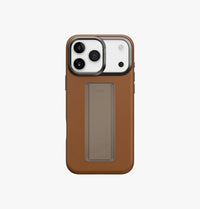 UNIQ Heldro Pro FlexGrip leatherette case for iPhone 17 Pro Max Caramel - stand and grip band