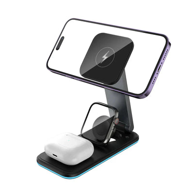 شاحن روك روز 3 في 1 المغناطيسي اللاسلكي قابل للطي | RockRose 3 in 1 Foldable Wireless MAGSAFE Charging Stand