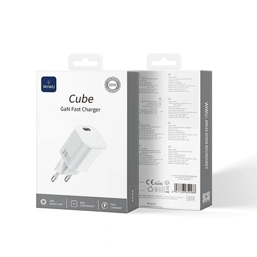 شاحن ويوو Wi-G014 سريع 20 واط GaN مدمج لـ iPhone - أبيض | WiWU 20W Cube GaN Fast Charger Wi-G014 for iPhone - White