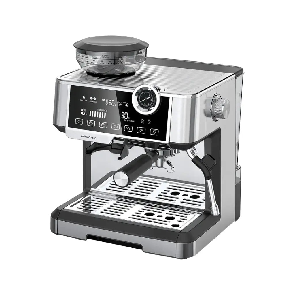 Makîneya Qehweyê ya Dual Boiler LePresso bi Hûrdankê, Pompa Zextê ya 19-bar, û Kapasîteya 2.8L - Zîv
