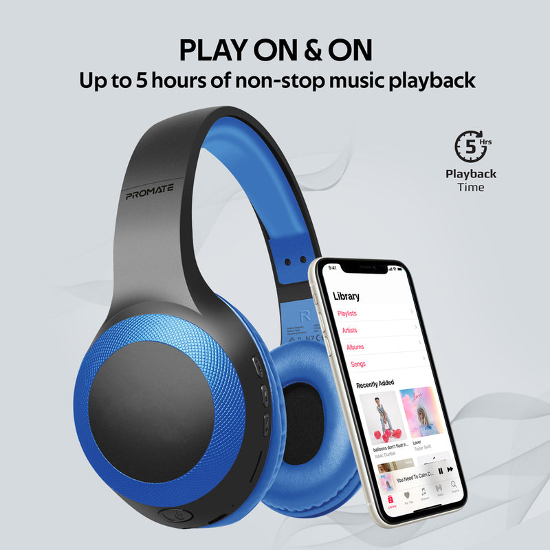 Promate LaBoca Deep Bass Wireless Headphones 200mAh Blue-Folded