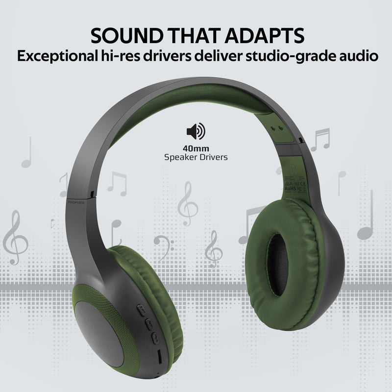 Promate LaBoca Deep Bass Wireless Headphones 200mAh Midnight Green-Angle