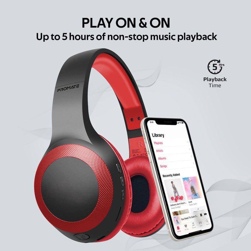 Promate LaBoca Deep Bass Wireless Headphones 200mAh Red-Folded