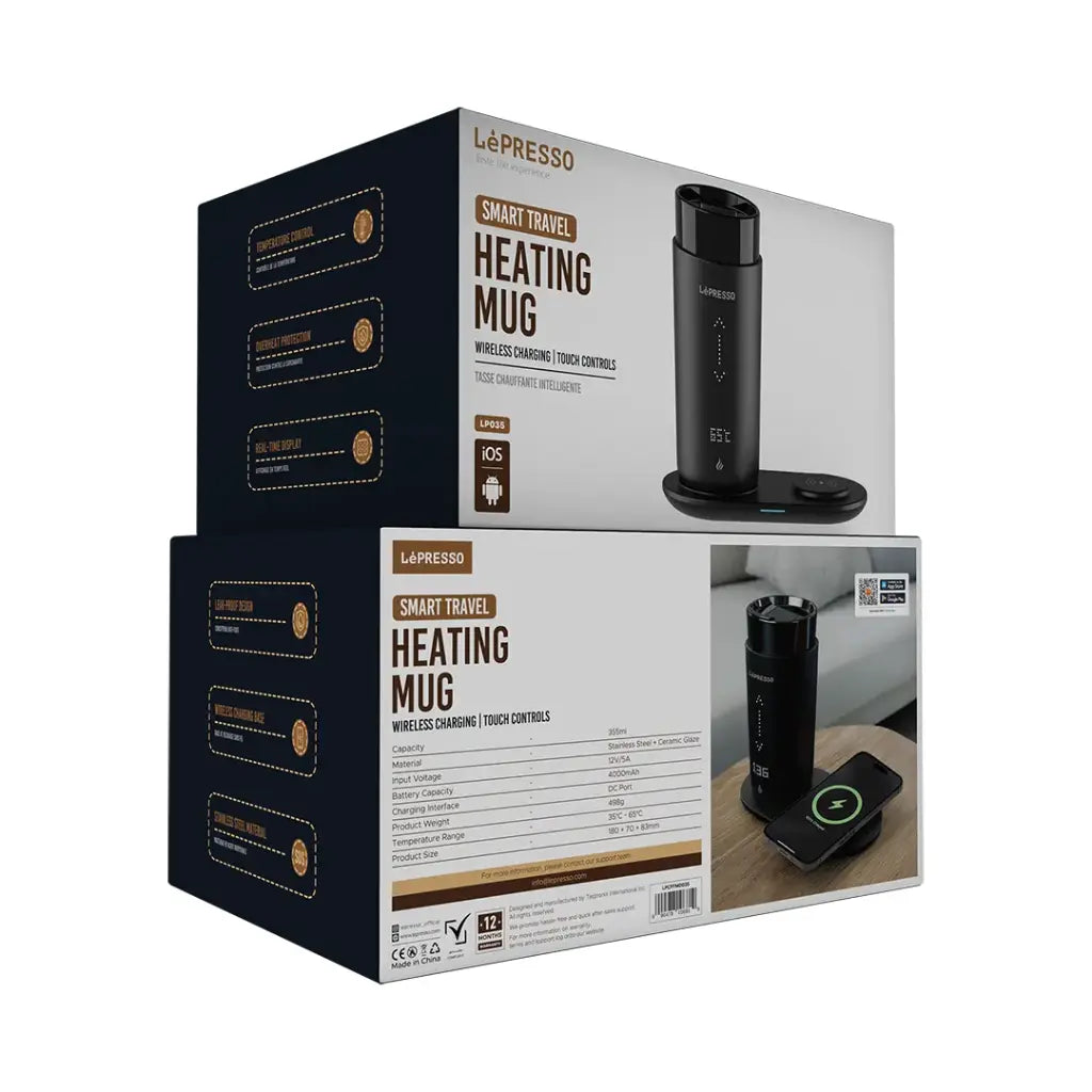 كوب ليبريسو الذكي للسفر لتسخين المشروبات بسعة 355 مل مع قاعدة شحن لاسلكية - اسود | LePresso Travel Heated Mug 12oz with Wireless Charging Pad - Black