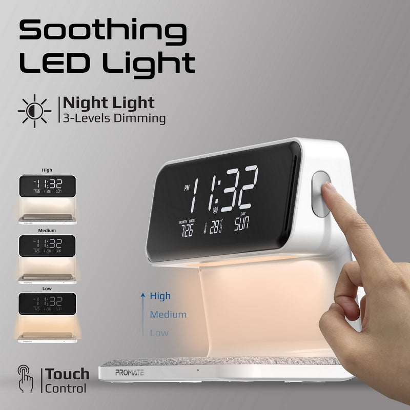 Promate Lumix-15W alarm clock charger on bedside table setup