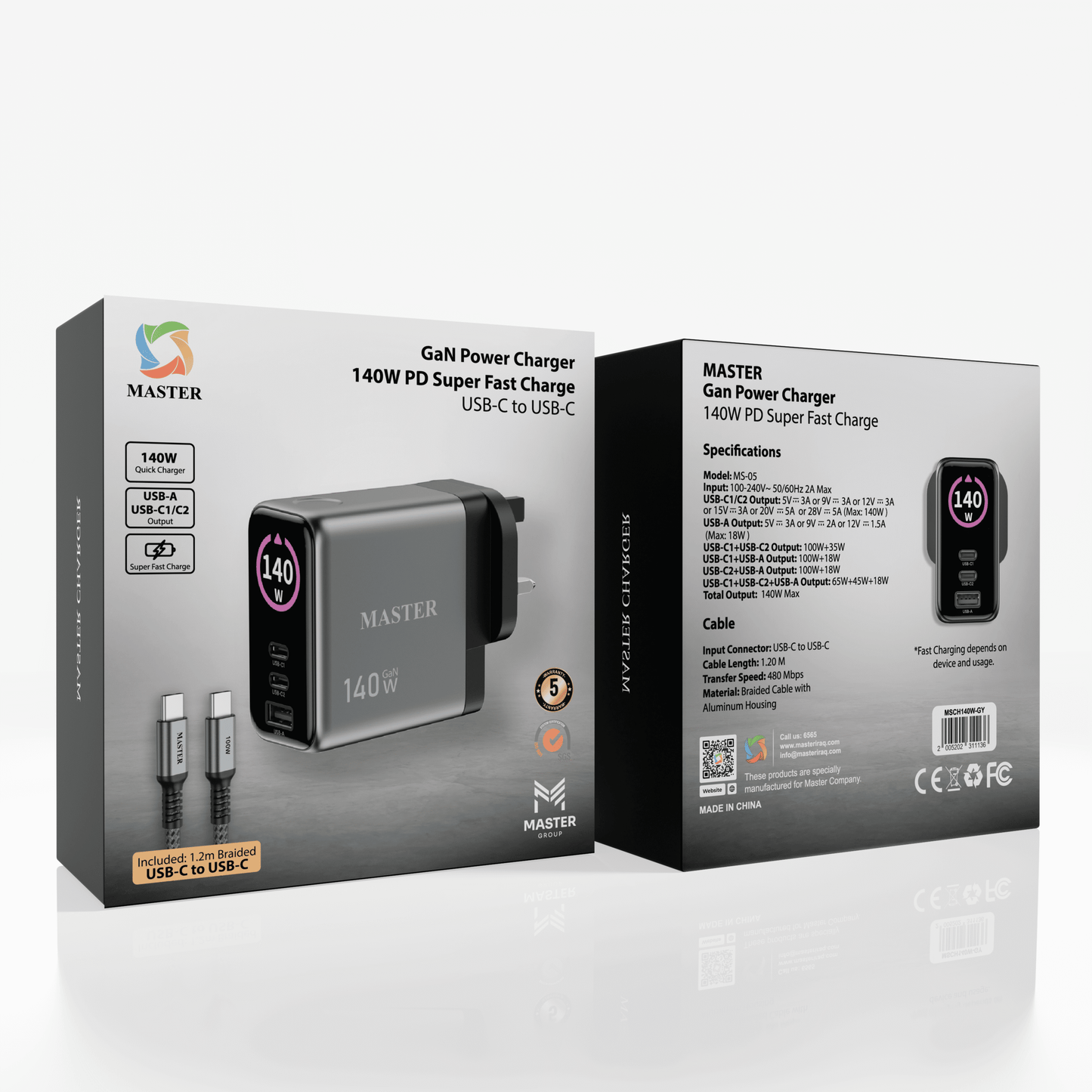 Master 140W UK Charger QC3.0 / PD / PD 3.0 – Gray | شاحن ماستر 140 وات UK سريع QC3.0 / PD / PD 3.0 رمادي