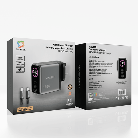 Master 140W UK Charger QC3.0 / PD / PD 3.0 – Gray | شاحن ماستر 140 وات UK سريع QC3.0 / PD / PD 3.0 رمادي