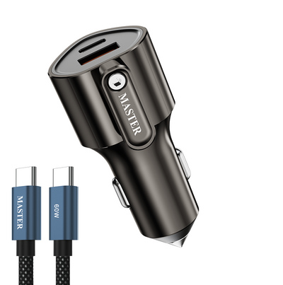 شاحن سيارة ماستر 51 واط بمنفذي USB-C وUSB-A مع كيبل 60 واط - أسود | Master 51W Car Charger USB-C PD30W PPS33W + USB-A QC18W with Cable C to C 60W – Black