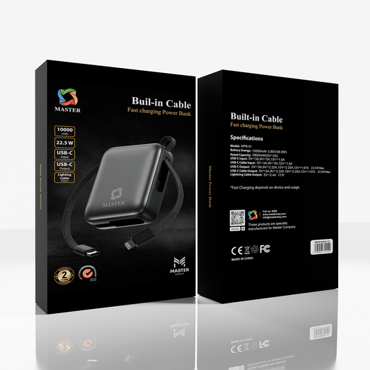 Master Power Bank 10000mAh PD 22.5W Fast Charging Dual USB-C – Gray | باور بانك ماستر 10000ماه شحن سريع 22.5 وات منفذين USB-C رمادي