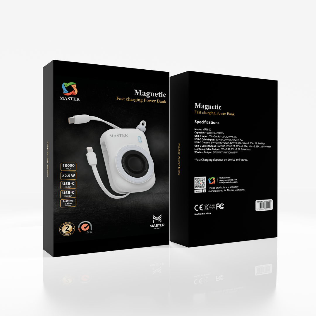 Master Power Bank 10000mAh MagSafe PD 22.5W Fast Charging Dual Type-C Wireless Charger – White | باور بانك ماستر 10000mAh ماجسيف شحن سريع 22.5W لاسلكي – أبيض