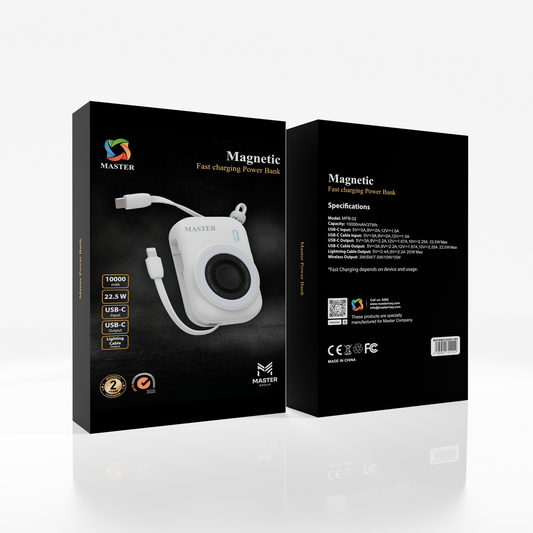 Master Power Bank 10000mAh MagSafe PD 22.5W Fast Charging Dual Type-C Wireless Charger – White | باور بانك ماستر 10000mAh ماجسيف شحن سريع 22.5W لاسلكي – أبيض