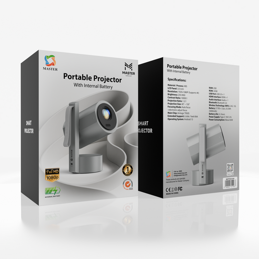 Master R3P Smart 4K Portable Projector 250 ANSI | Dual WiFi | Auto Focus | Android 13 | Battery – Gray | بروجكتور ماستر R3P ذكي 4K محمول 250 ANSI | وايفاي ثنائي | تركيز تلقائي | أندرويد 13 | بطارية رمادي
