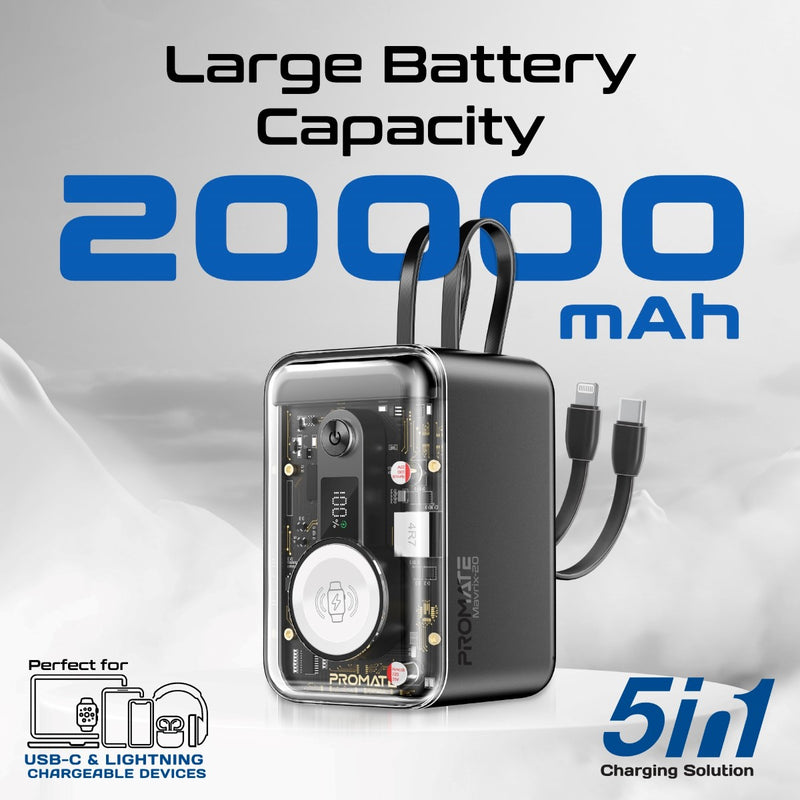 Promate Mavrix-20 Power Bank 20000mAh 65W Transparent Black-Angle