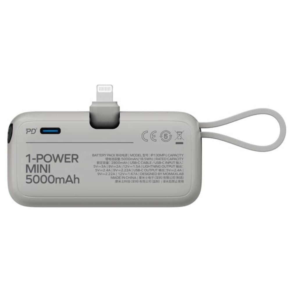 باور بانك موماكس 1-بور ميني بسعة 5000 مللي امبير مع وصلة لايتننغ مدمجة | Momax 1-Power Mini, 5000mAh Portable Battery Pack with Built-in Foldable Lightning Connector
