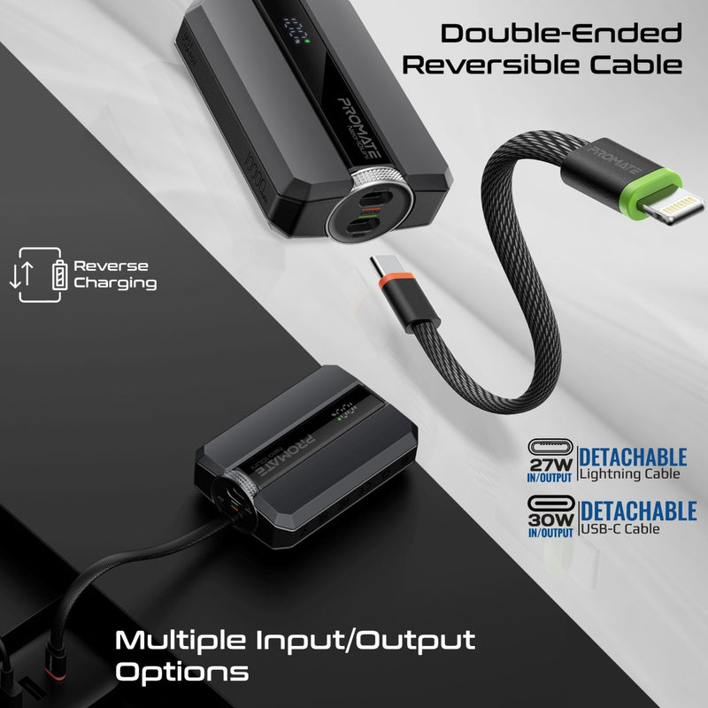 Promate Neo-10Uni Power Bank 10000mAh 30W PD Bidirectional Cable Black-Ports