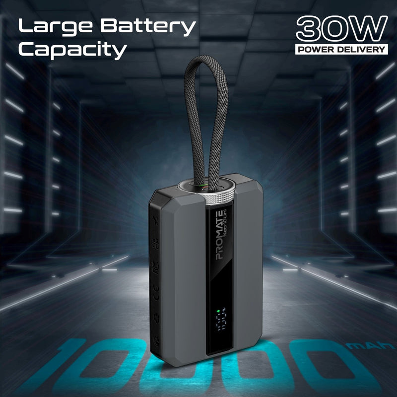 Promate Neo-10Uni Power Bank 10000mAh 30W PD Bidirectional Cable Grey-Angle