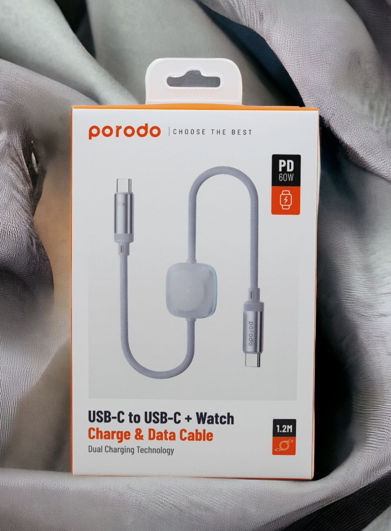 Kabloya Porodo 2-di-1 USB-C bo USB-C 1.2m bi Şarjkera Saeta Bêtêl a 60W - Spî