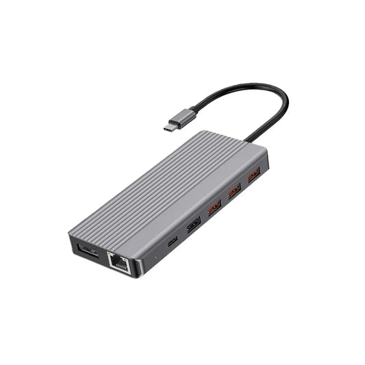 موزع باورولوجي 13 في 1, منفذ HDMI, USB, SD, Micro SD, ايثرنت ومنفذ صوت 3.5 ملم - رمادي | Powerology 13in1 USB-C Hub 4K HDMI Type-C 100W PD Ethernet USB SD MicroSD 3.5mm AUX – Dark Grey