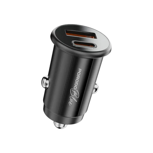 Porodo Blue 15W USB-A+C Port Car Charger with C to L .9m Cable - Black | شاحن سيارة بورودو بلو 15 واط بمنفذين USB-A+C مع كابل C to L .9 متر - أسود
