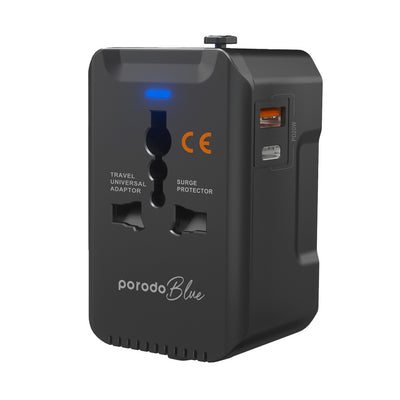 Porodo Blue Dual Port Universal Charger - Black | شاحن بورودو بلو ثنائي المنافذ العالمي - أسود