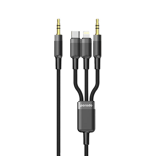 كيبل بورودو 3 في 1 AUX 3.5mm الى لايتننغ و تايب سي و 3.5mm بطول 1.2 متر - اسود | Porodo 3in1 Aux 3.5 to 3.5 + Type-C + Lightning Cable 1.2M - Black