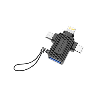 محول بورودو متعدد المنافذ, يو اس بي اي الى لايتننغ + مايكرو يو اس بي + تايب سي - اسود | Porodo USB-A to Lightning, Micro-USB & Type-C Multi-Functional Adapter – Black