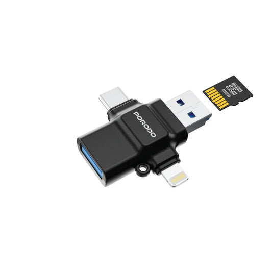 Adaptora OTG ya Porodo 4-di-1 û Xwendevana Karta TF - Reş.