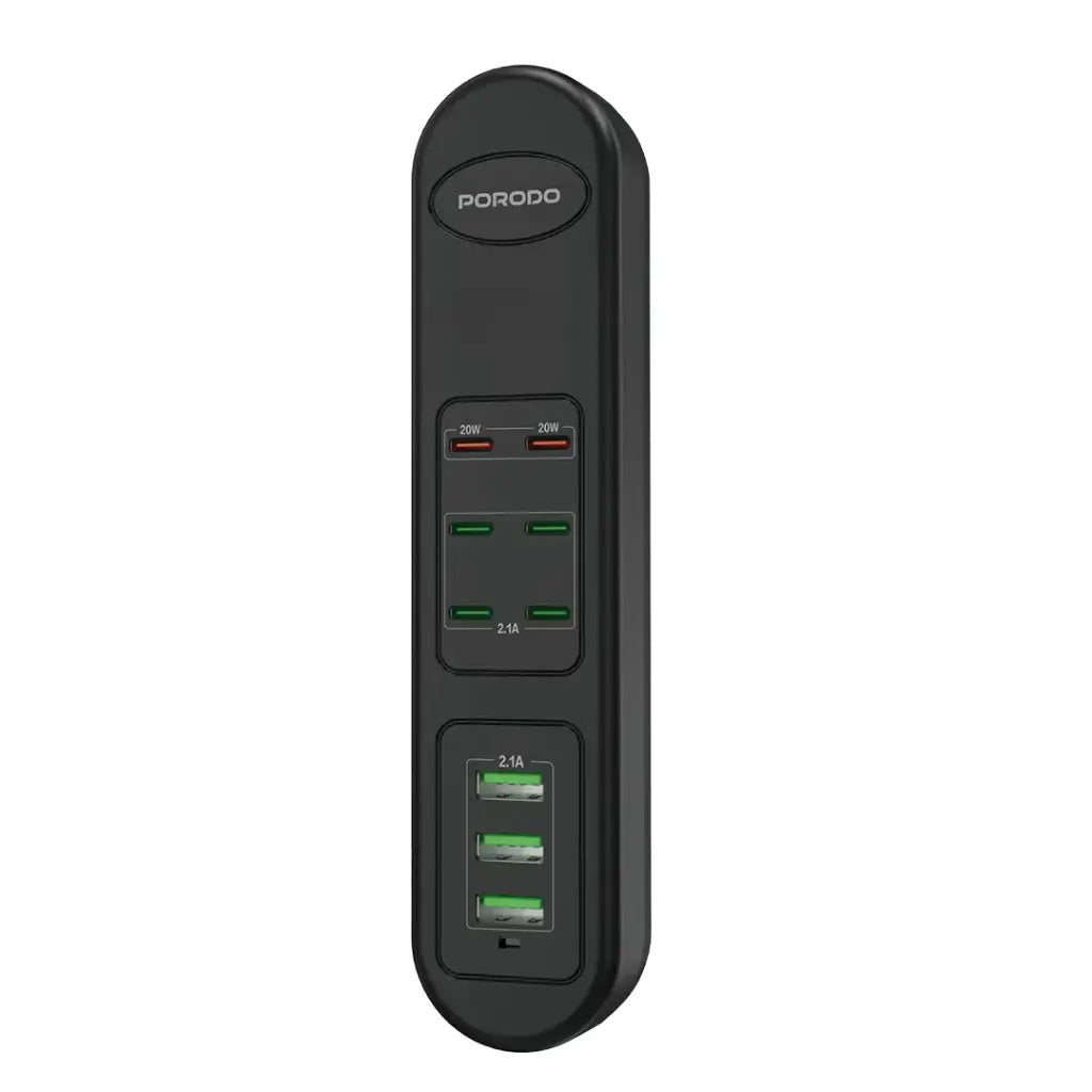 Hub-a USB-ya Barkirina Bilez a Porodo 50W PDx6 USBx3 bi 6 Portên Type-C û 3 Portên USB-A, Kabloya 2m - Reş | Porodo 50W PDx6 USBx3 Şerîta Barkirina Bilez a Keyaniya Yekbûyî (Têla 2m) - Reş