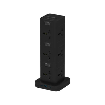 بورودو برج طاقة 12 منفذ مع USB-C PD و QC 3.0 , كيبل بطول 3 متر - اسود | Porodo PD20W QC 3.0 1A + 2 Type C Socket Tower 3M - Black