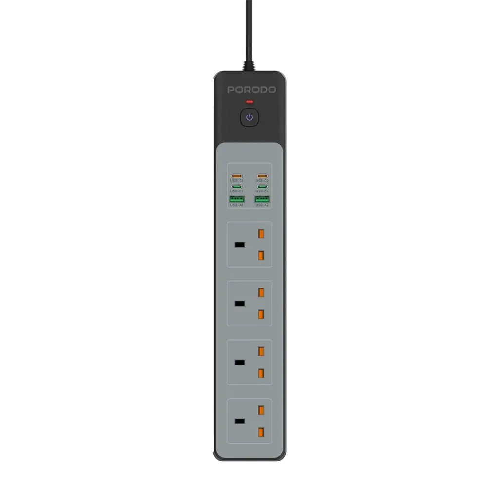وصلة كهربائية بورودو ب 4 منافذ AC بقدرة 3000 واط و شحن سريع بقدرة 65 واط - اسود | Porodo 4AC 65W 3000W Power Strip - Black.
