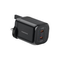 شاحن بورودو GaN بمنفذين تايب سي وبقدرة شحن 45 واط - اسود | Porodo PD45W GaN Dual USB-C Fast Charger UK Plug - Black
