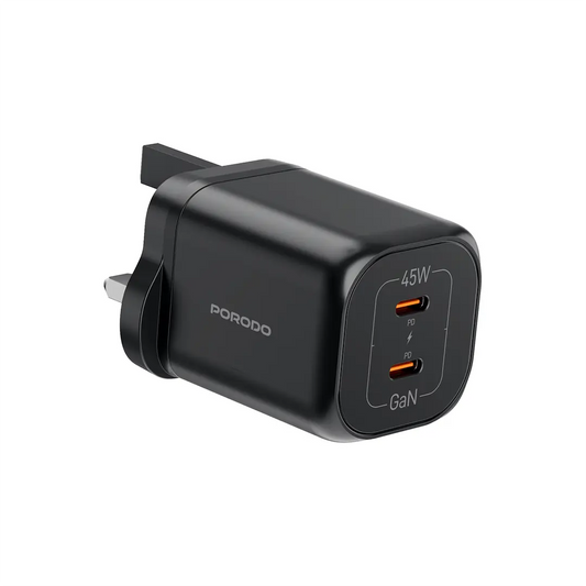 شاحن بورودو GaN بمنفذين تايب سي وبقدرة شحن 45 واط - اسود | Porodo PD45W GaN Dual USB-C Fast Charger UK Plug - Black