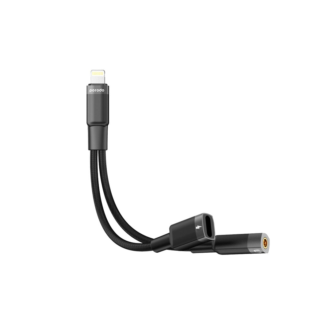 محول بورودو 2 في 1 لايتننغ الى لايتننغ و 3.5mm Jack للشحن وتشغيل السماعات - اسود | Porodo 2in1 Lightning to Lightning + 3.5mm Jack Headphone & Charging Converter – Black