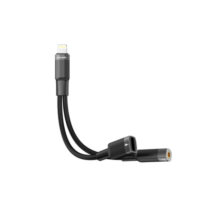 محول بورودو 2 في 1 لايتننغ الى لايتننغ و 3.5mm Jack للشحن وتشغيل السماعات - اسود | Porodo 2in1 Lightning to Lightning + 3.5mm Jack Headphone & Charging Converter – Black