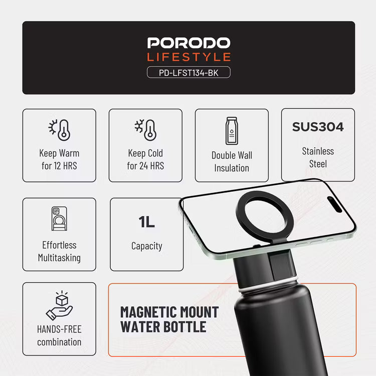 زجاجة ماء مغناطيسية بورودو لايف ستايل 32 أونصة - أسود | Porodo Lifestyle Magsafe Bottle 32oz - Black