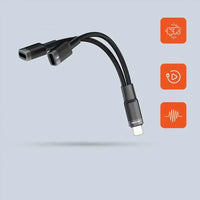 Guhdaroka Porodo 2-di-1ê de ji Lightning bo Dual Lightning Jack û Adaptora Şarjkirinê - Reş
