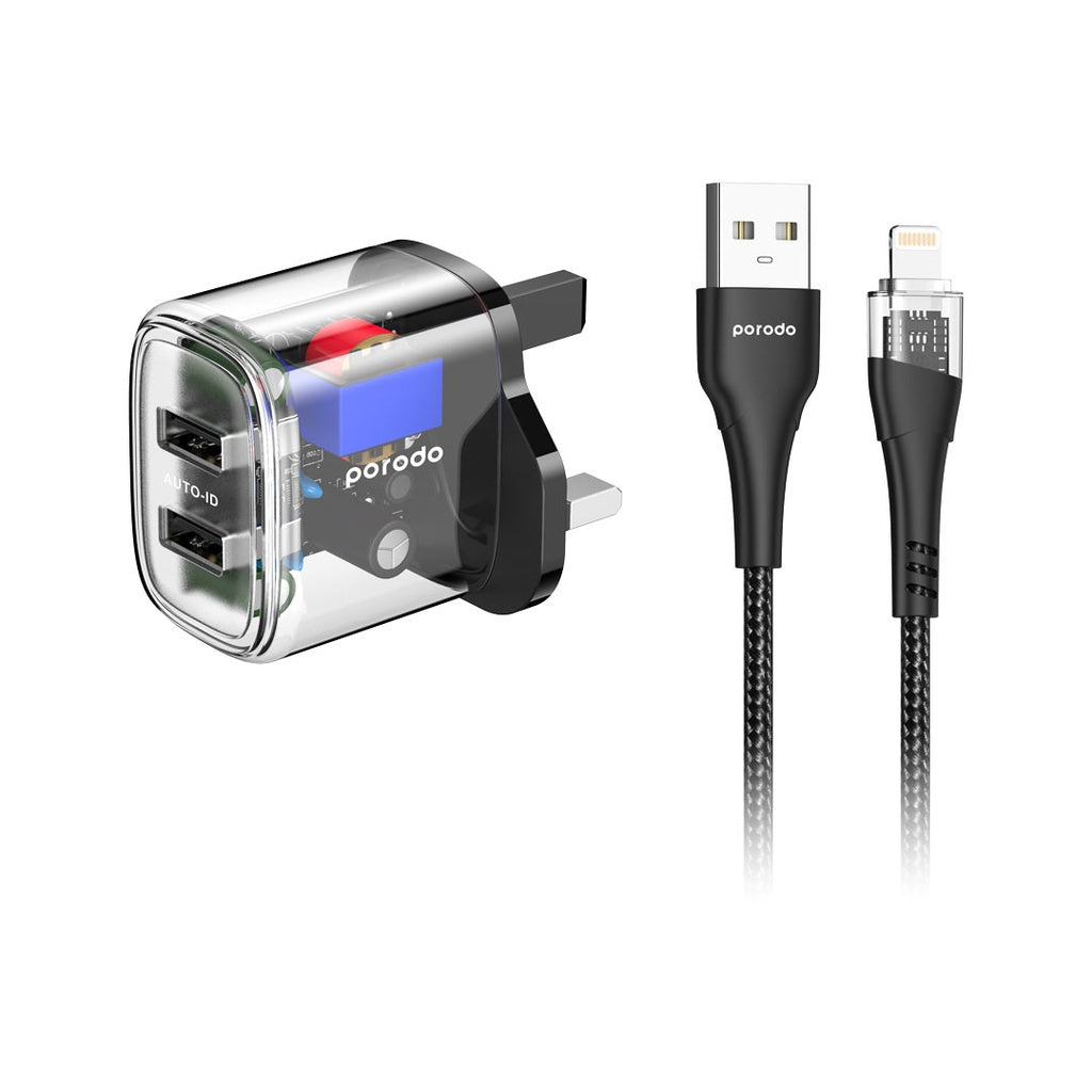 Şarjêra Dual Derketinê ya Porodo ya Şefaf 2.4A 12W bi Kabloya 1.2M USB-A bo Lightning
