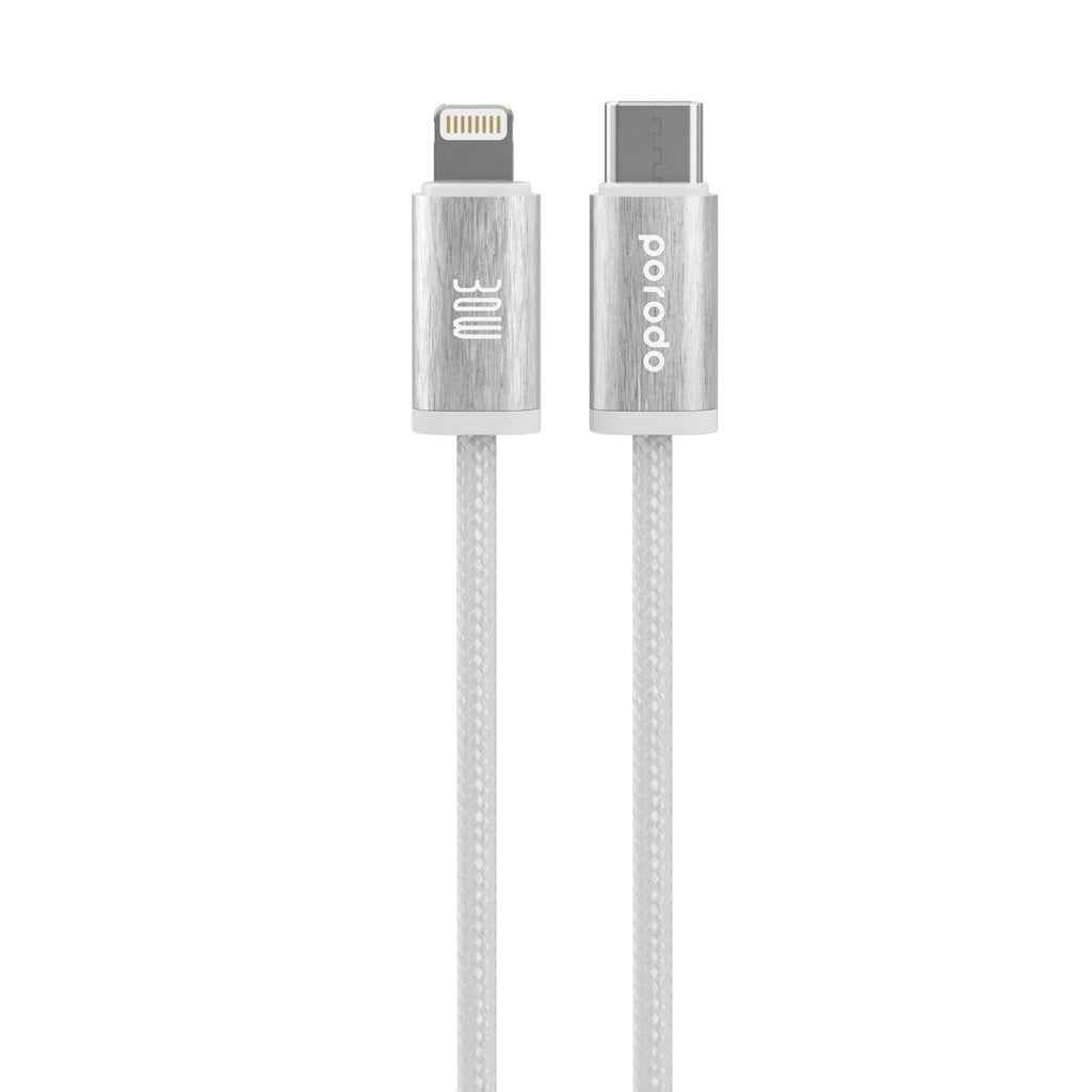 كيبل بورودو مضفر لايتننغ الى يو اس بي سي, شحن سريع بقدرة 30 واط وطول 1.2 متر | Porodo 30W Lightning to Type-C Braided Cable (1.2M).