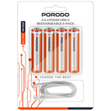 بطاريات بورودو AA قابلة للشحن USB-C سعة 2500mWh مع كيبل 4 في 1 - أربع قطع | Porodo AA USB-C Rechargeable Batteries 2500mWh with 4-in-1 Cable - 4 Pack