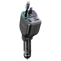 Porodo 65W Car Charger Dual Retractable Cable - Black | شاحن سيارة بورودو 65W بكابلين قابلين للسحب - أسود