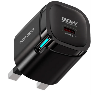 شاحن بورودو Tekto بمنفذ Type-C وشحن PD 20W مع كيبل C إلى C بطول متر - أسود | Porodo Tekto PD 20W Type-C Adaptor with 1M C TO C Cable – Black