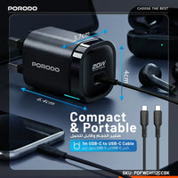 شاحن بورودو Tekto بمنفذ Type-C وشحن PD 20W مع كيبل C إلى C بطول متر - أسود | Porodo Tekto PD 20W Type-C Adaptor with 1M C TO C Cable – Black