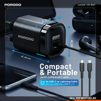 شاحن بورودو Tekto بمنفذ Type-C وشحن PD 20W مع كيبل C إلى لايتننغ بطول متر - أسود | Porodo Tekto PD 20W Type-C Adaptor with 1M C TO L Cable – Black