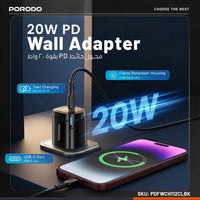 شاحن بورودو Tekto بمنفذ Type-C وشحن PD 20W مع كيبل C إلى لايتننغ بطول متر - أسود | Porodo Tekto PD 20W Type-C Adaptor with 1M C TO L Cable – Black