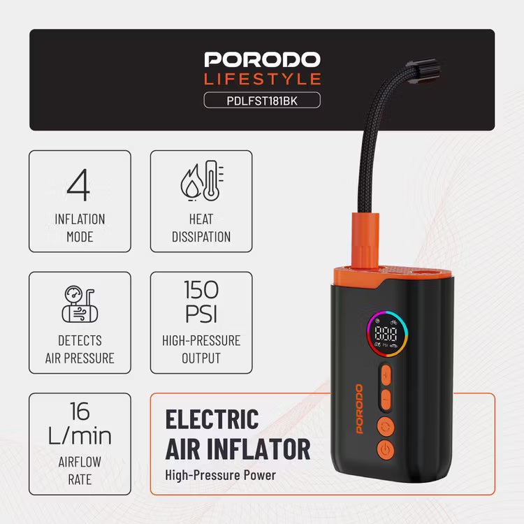 Porodo Lifestyle 55W Portable Tire Inflator 150 PSI with 4 Modes and Digital Display | منفاخ إطارات بورودو المحمول 55 واط 150 PSI مع 4 أوضاع وشاشة رقمية
