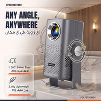 بروجكتور محمول بورودو Lifestyle Gobo بدقة 1080p مع حامل - رمادي | Porodo Gobo Lifestyle Portable Projector with stand 2H playtime 1080p 150 Lumens