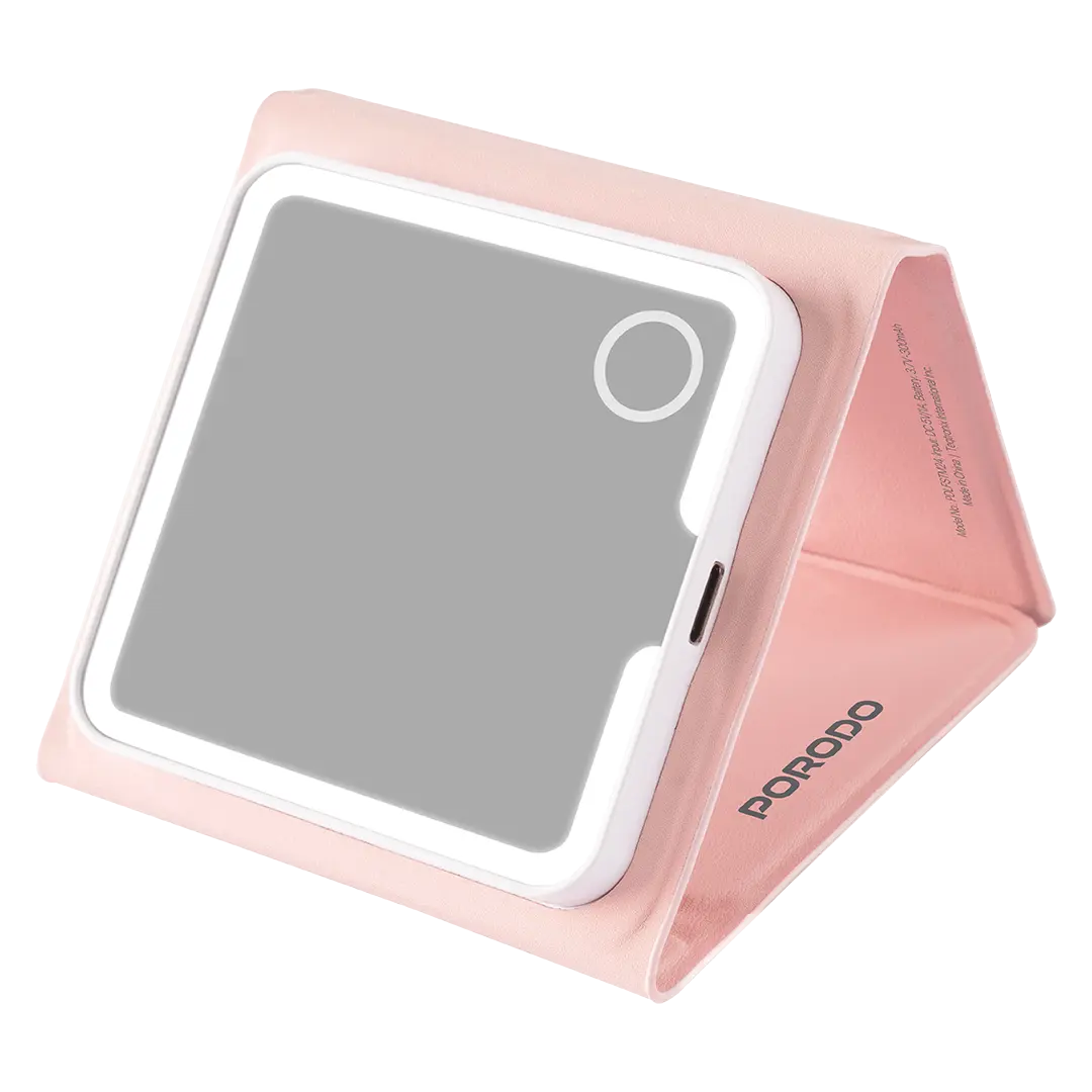 مرآة مكياج بورودو ليلي ثلاثية الطي بإضاءة LED وبطارية 320mAh - وردي | Porodo LILY LED Portable Tri-Fold Makeup Mirror Pink
