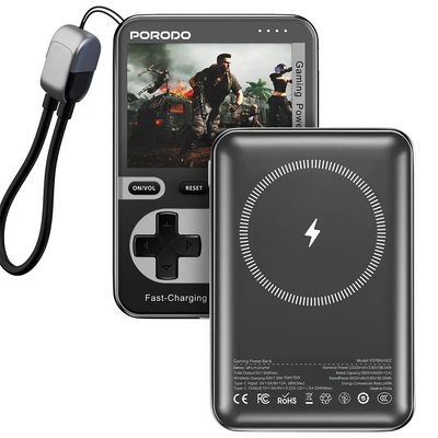 باور بانك بورودو اركيد فولت المغناطيسي اللاسلكي بسعة 10,000 مللي امبير - اسود | Porodo Arcadevolt 10000mAh MagSafe Power Bank - Black