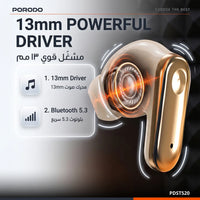 سماعات أذن بورودو Soundtec نصف داخلية لاسلكية بشاشة LED - بيج | Porodo Soundtec TWS Semi In ear 150mAh Battery Led Display – Beige