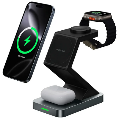 Porodo Powerdock 4-in-1 Wireless Charging Station with 360° Adjustable View – Black | محطة شحن لاسلكية 4‑في‑۱ بورودو بواجهة مشاهدة قابلة للتعديل 360° – أسود